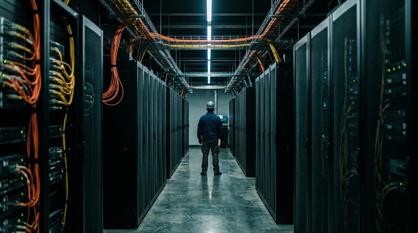 A cavernous data center corridor stretches into the distance, rows of towering black server racks humming under cold blue-white LED strips, thick bundles of orange fiber optic cables snaking