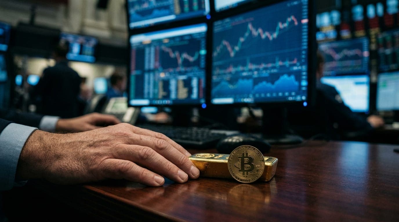 A trader's hand rests on a polished mahogany desk beside a physical gold bar and a small brass Bitcoin coin, both caught in the cool blue glow of multiple financial monitors, the shallow