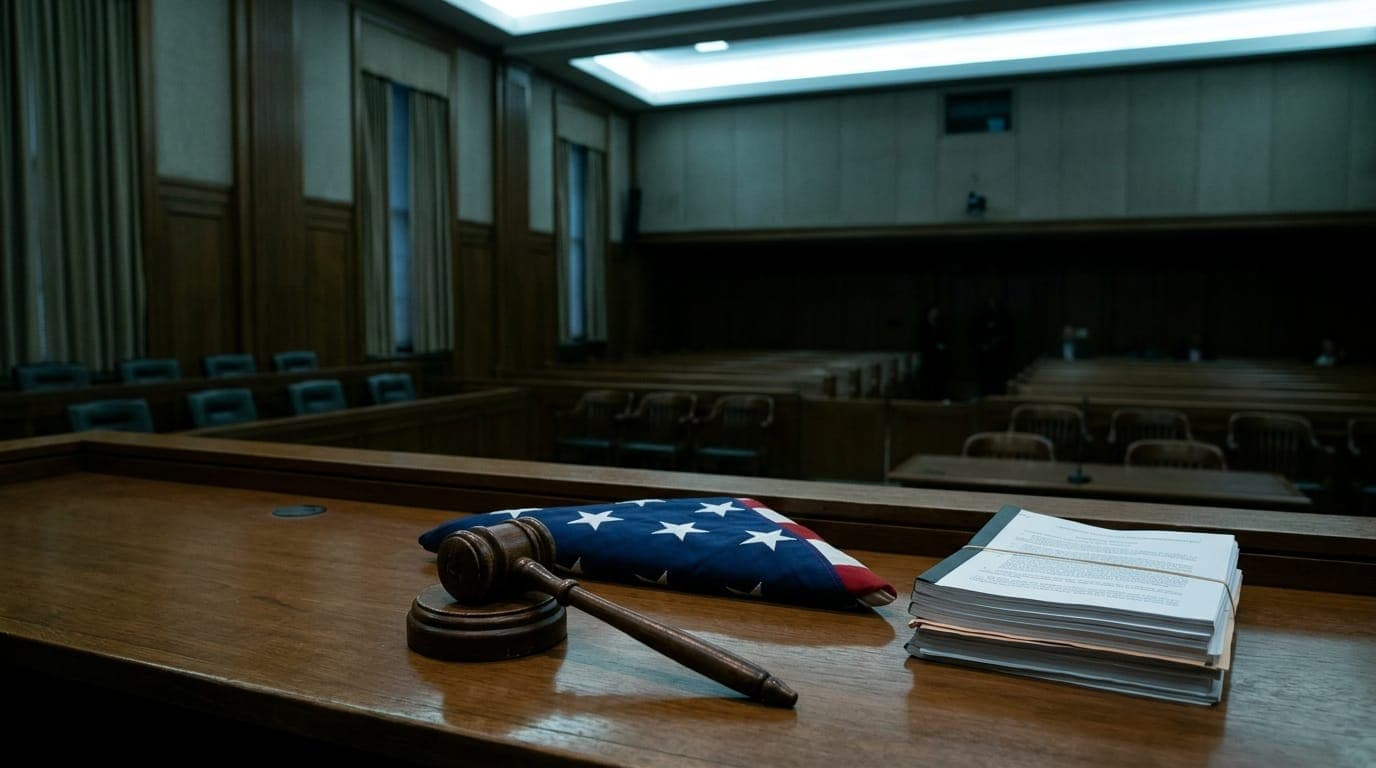 A gavel rests on a polished wooden bench beside a folded American flag and a stack of legal briefs, bathed in the cool fluorescent light of an empty federal courtroom.