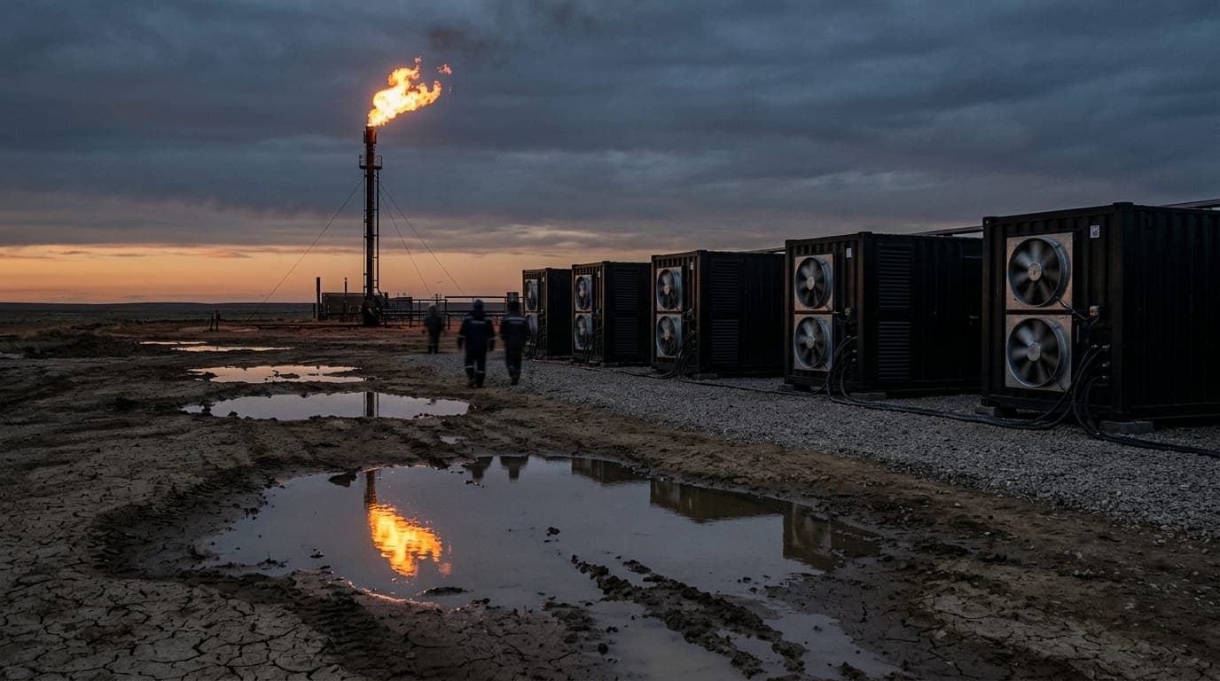 A weathered industrial flare stack burns off orange gas against a flat, grey Kazakh steppe horizon at dusk, its roaring flame reflected in shallow puddles on the cracked earth below, while