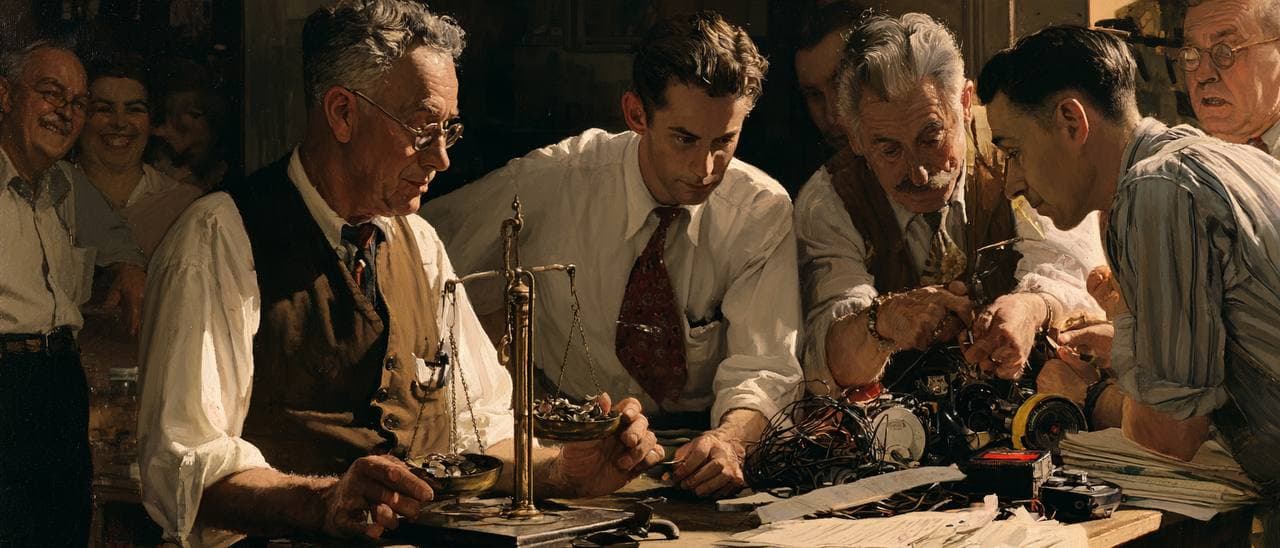 A vintage-style illustration of men comparing a simple balance scale with a tangle of complicated machinery.