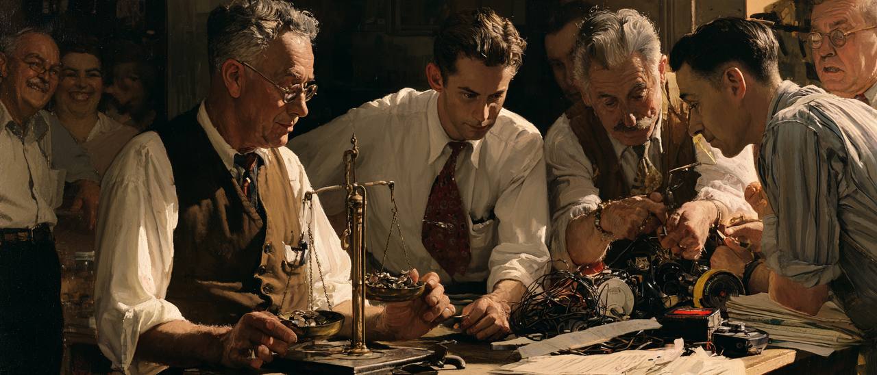 A vintage-style illustration of men comparing a simple balance scale with a tangle of complicated machinery.