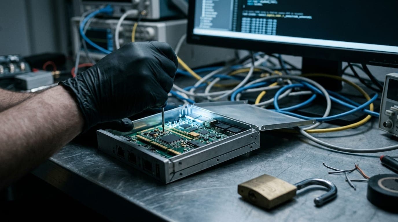 A gloved hand hovers over an open, disassembled hardware security module on a stainless steel workbench, its circuit board illuminated by the cold blue glow of a nearby monitor, while a