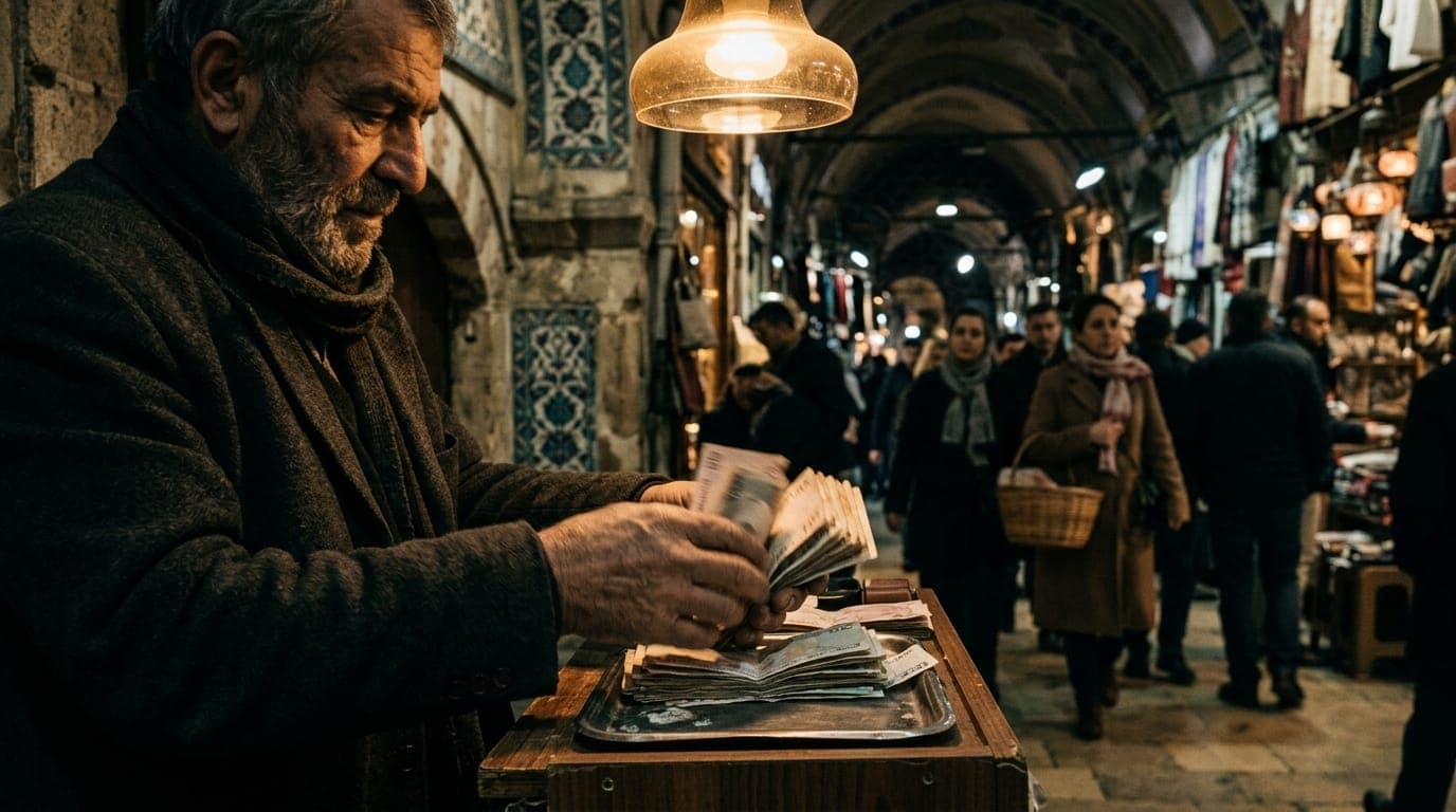 A weathered street vendor in Istanbul's Grand Bazaar counts a thick fold of mixed currency notes under the warm amber glow of an overhead lamp, his calloused hands blurred in motion against