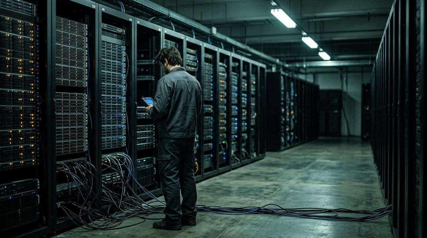 A vast server room stretches into darkness, its rows of black metal racks studded with blinking amber and blue status lights, while a lone technician in a gray jacket stands with their back
