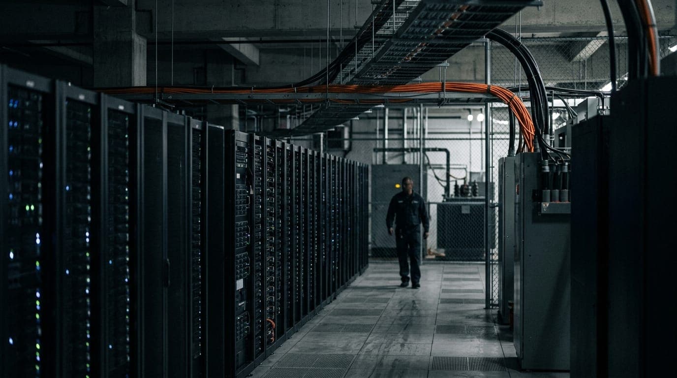 A long row of humming server racks fills a cavernous, dimly lit data center, their blinking blue and white indicator lights casting a cold glow across the concrete floor, while thick bundles