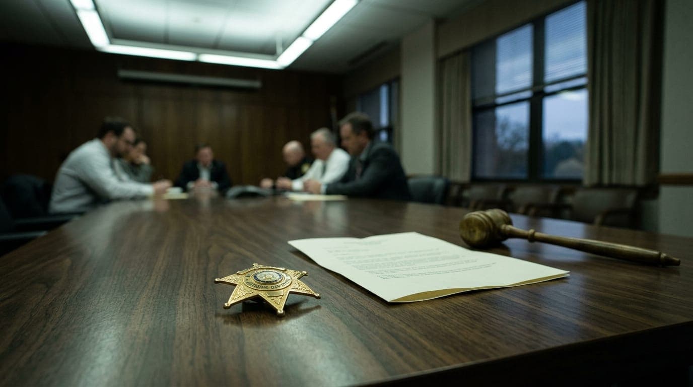 A sheriff's department badge rests on a polished wooden conference table beside a folded paper document and a small brass gavel, bathed in the cool fluorescent light of an official