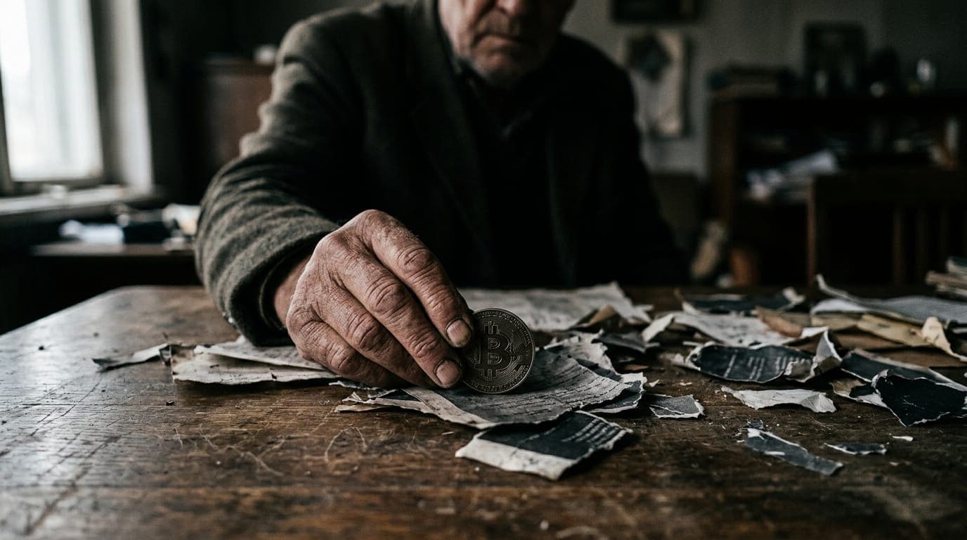 A weathered hand holds a physical bitcoin coin over a torn paper document, the shredded pieces scattered across a wooden table, lit by harsh side-light casting deep shadows.