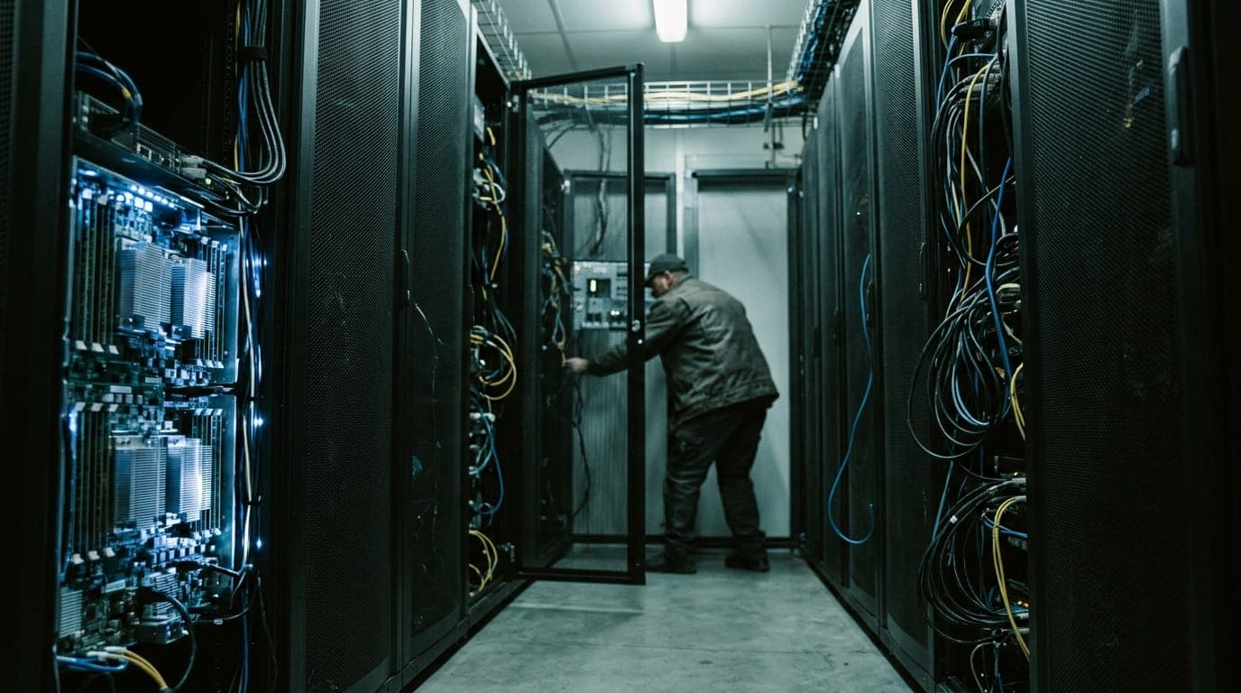 A row of matte-black server rack units packed with angular silicon heat sinks glows under the cold blue-white fluorescent light of a data center corridor, dense bundles of multicolored