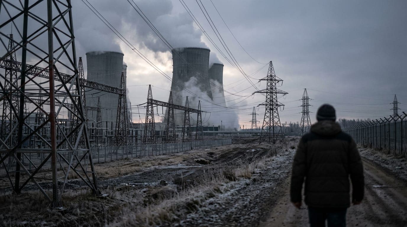 A row of industrial cooling towers at a nuclear power plant exhales thick white steam against a steel-gray winter sky, while in the foreground a tangle of heavy electrical transmission