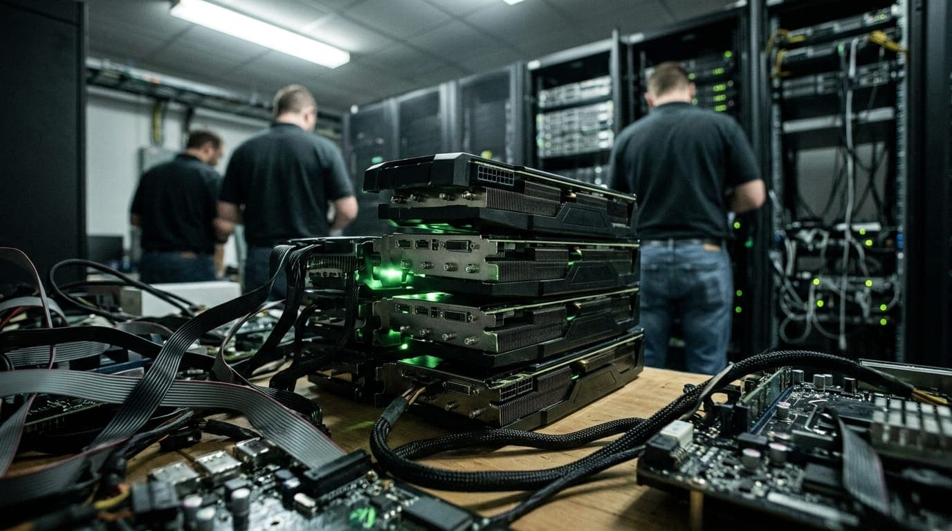 A stack of high-end graphics processing units glows with green and silver light on a cluttered engineer's workbench, surrounded by tangled ribbon cables and scattered circuit boards, shot