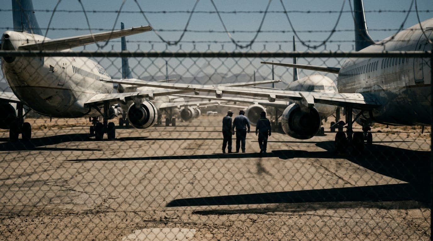 A row of grounded commercial jetliners sits idle on sun-bleached desert tarmac under harsh midday light, their fuselages casting hard shadows, with heat shimmer rising from the cracked