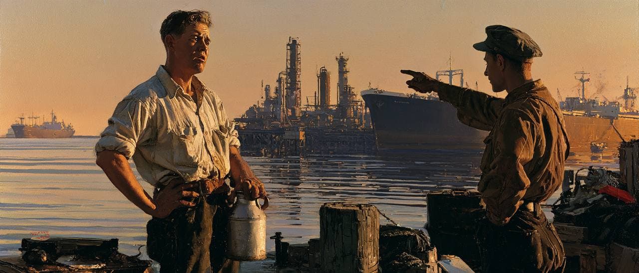 Two workers on an oil refinery dock watch a tanker arrive in warm evening light.
