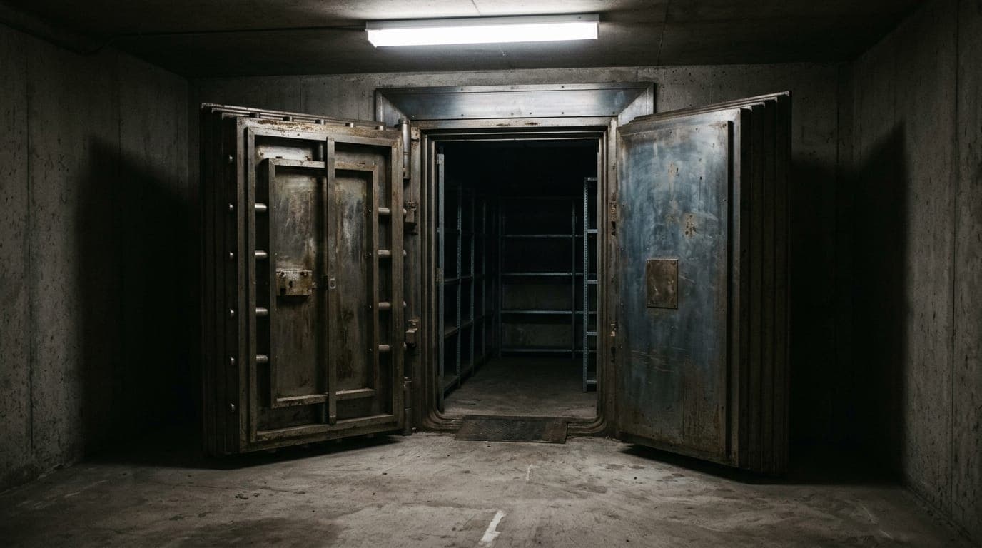 A close-up of a heavy steel vault door left ajar in a dimly lit concrete room, its thick bolts retracted and interior shelves visibly bare, illuminated by a single harsh overhead fluorescent
