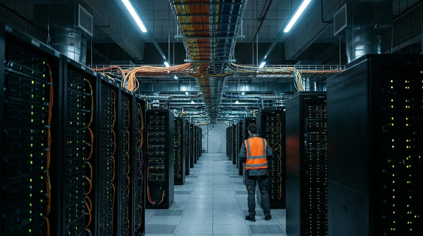 A vast server hall stretches into the distance under cold blue-white fluorescent light, its floor-to-ceiling black metal racks packed with blinking amber and green status LEDs, thick bundles