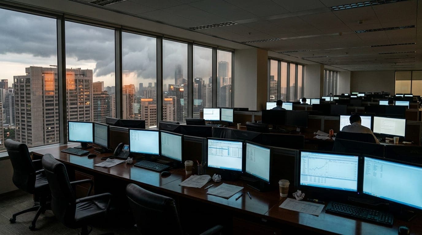 A central bank trading floor sits eerily quiet at dusk, rows of dark monitors casting cold blue light across empty leather chairs, crumpled papers scattered across mahogany desks, while