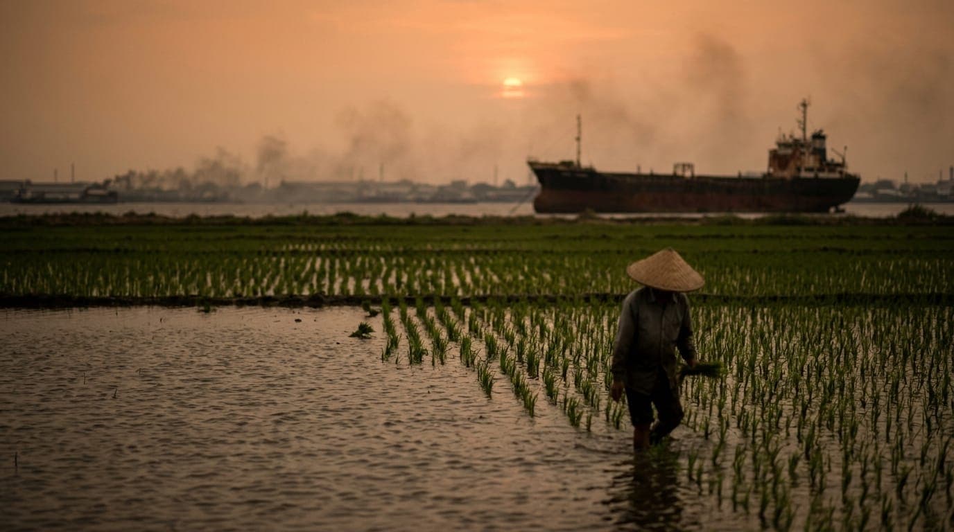 A vast flooded rice paddy in Southeast Asia stretches to the horizon under a hazy orange late-afternoon sun, with a lone farmer in a wide-brimmed straw hat wading knee-deep through murky
