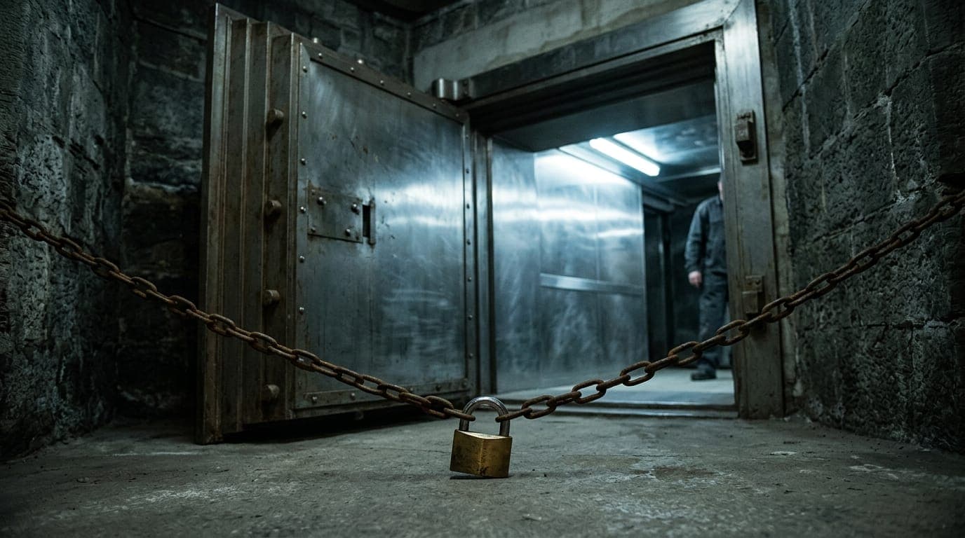 A thick steel vault door stands half-open in a dimly lit stone corridor, its polished interior reflecting cold fluorescent light, while a single padlock lies snapped shut on a heavy chain