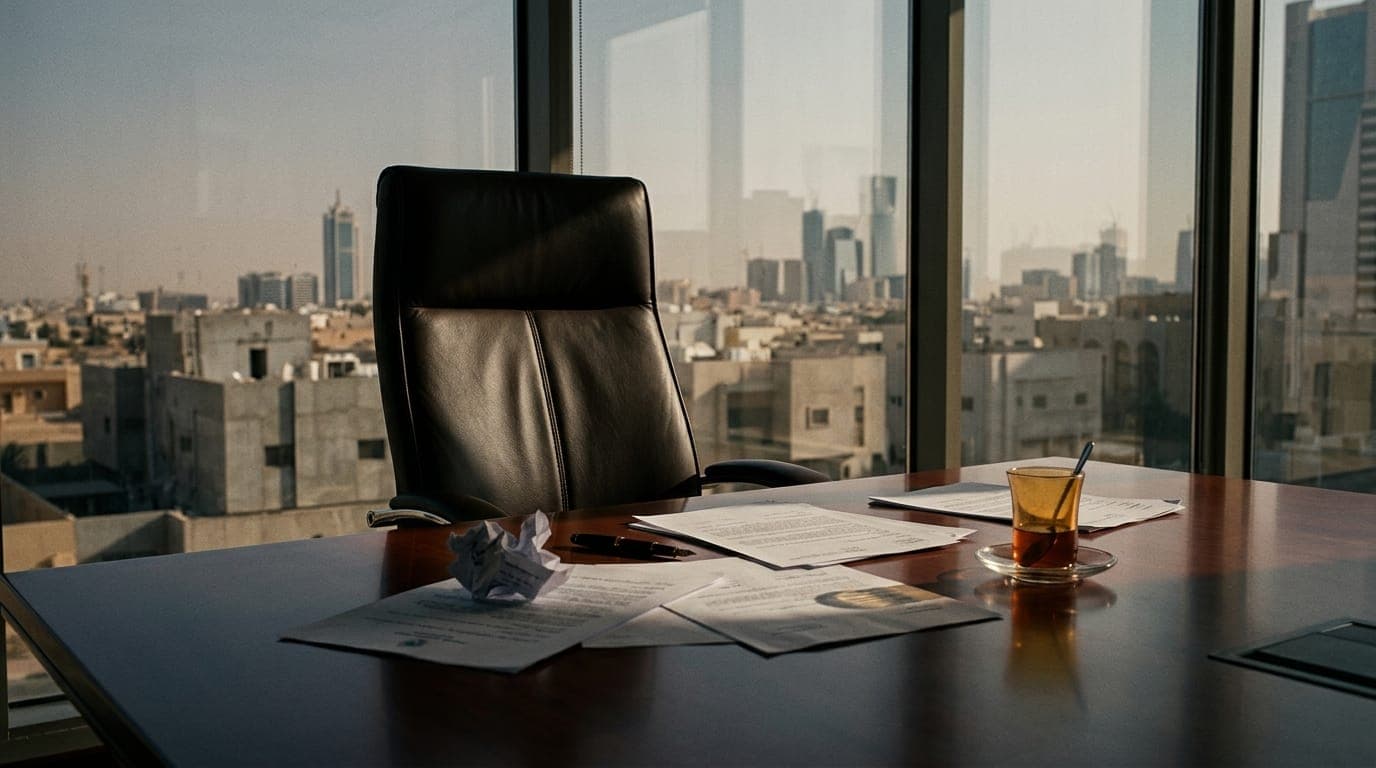 A Saudi oil minister's empty leather chair sits at the head of a polished mahogany conference table, with scattered paper documents and an abandoned tea glass catching the late-afternoon
