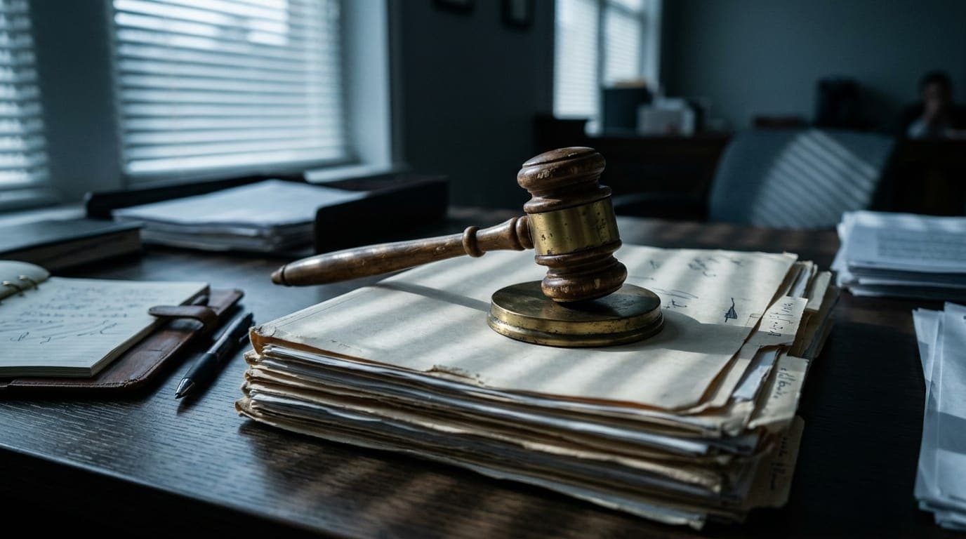 A weathered wooden gavel rests on its worn brass strike plate atop a stack of manila legal folders, shot in cool blue-gray morning light filtering through venetian blinds that cast sharp