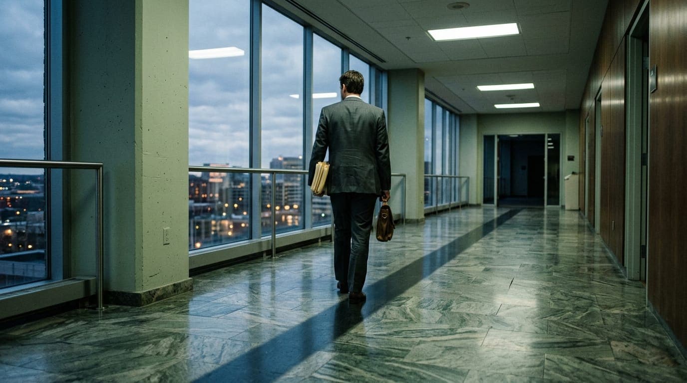 A suited figure seen from behind stands before a floor-to-ceiling window in a sparse, fluorescent-lit government corridor, manila folders tucked under one arm, casting a long shadow across