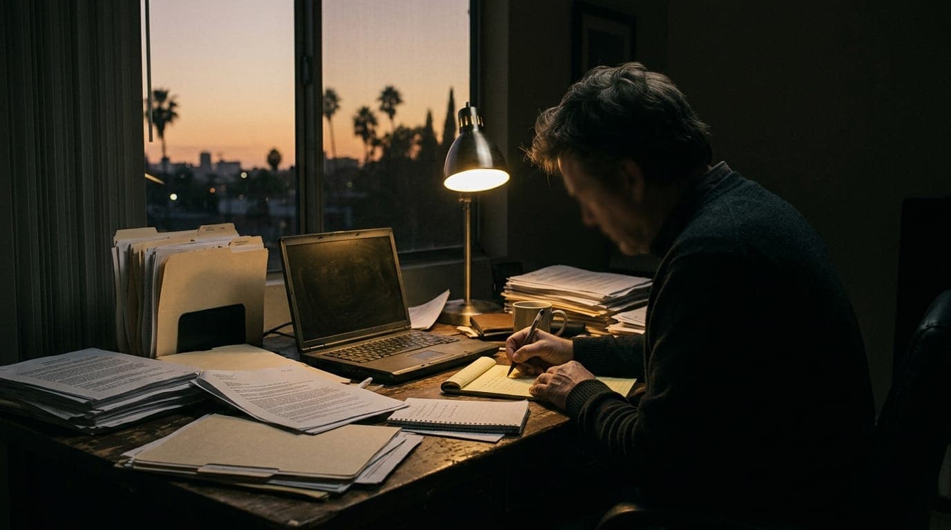 A lone journalist sits at a cluttered wooden desk in a dim home office, stacks of printed documents and manila folders spread before him, a single desk lamp casting a harsh cone of yellow