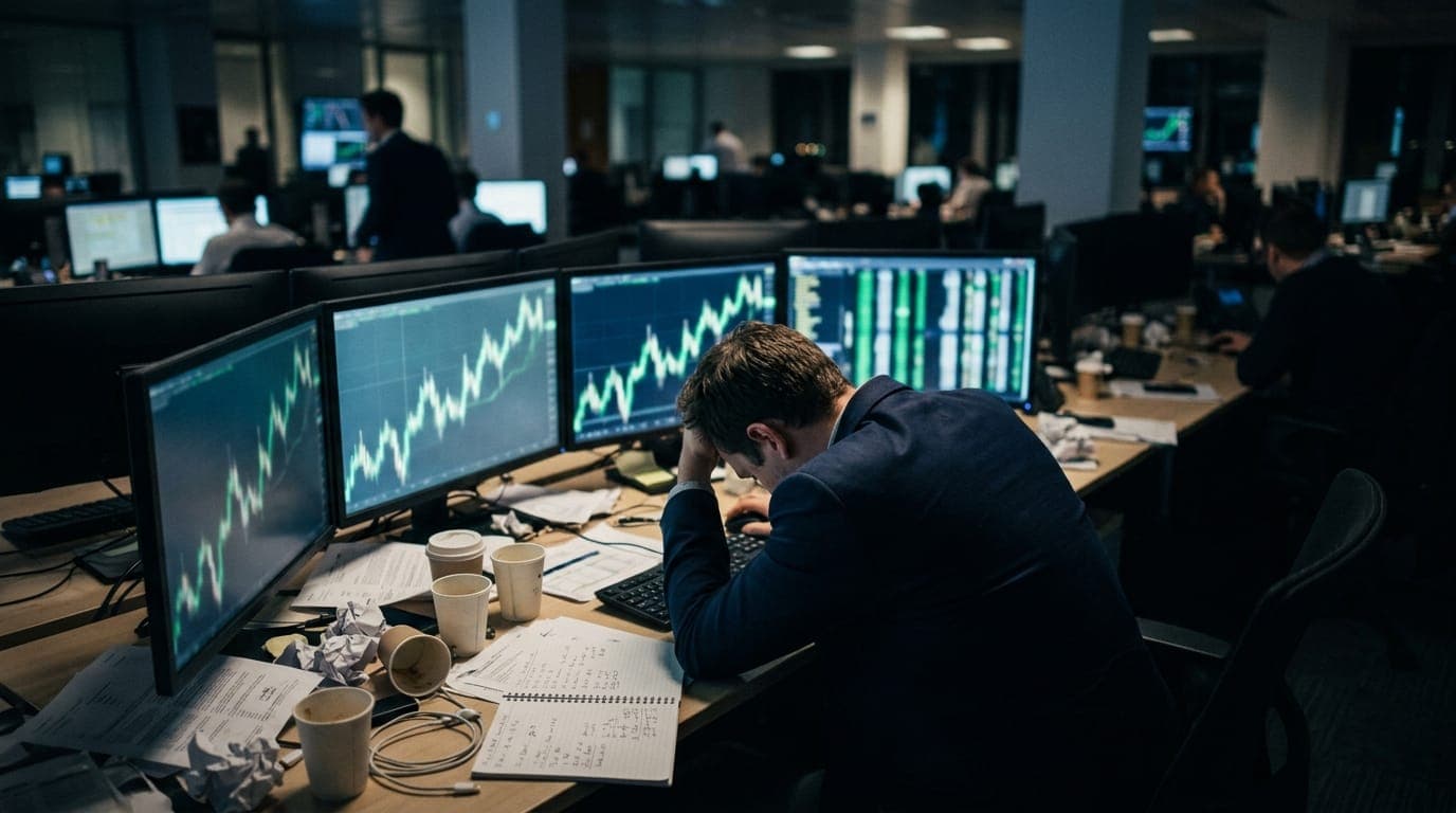 A lone trader sits hunched at a cluttered desk bathed in the cool blue glow of multiple monitors displaying jagged upward-trending charts, empty coffee cups and crumpled paper scattered