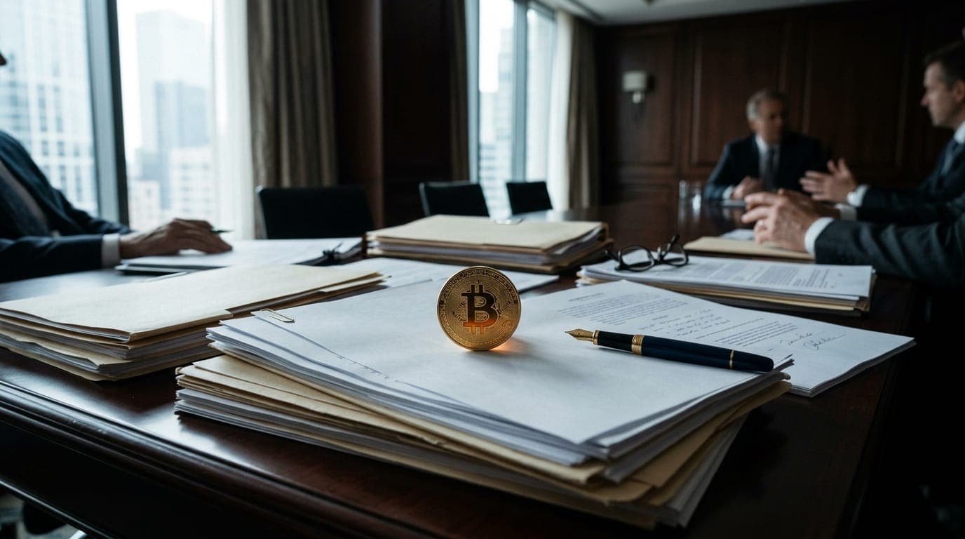 A stack of thick manila folders and legal documents spreads across a polished mahogany conference table, lit by cool morning light streaming through floor-to-ceiling windows, with a gleaming