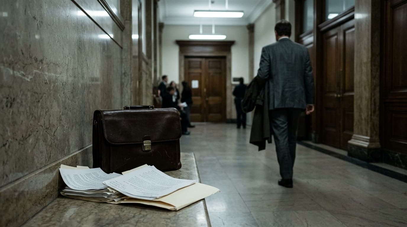 A federal courthouse hallway bathed in cold fluorescent light, with a leather legal briefcase resting on a polished marble bench beside a thick manila folder splayed open, its loose
