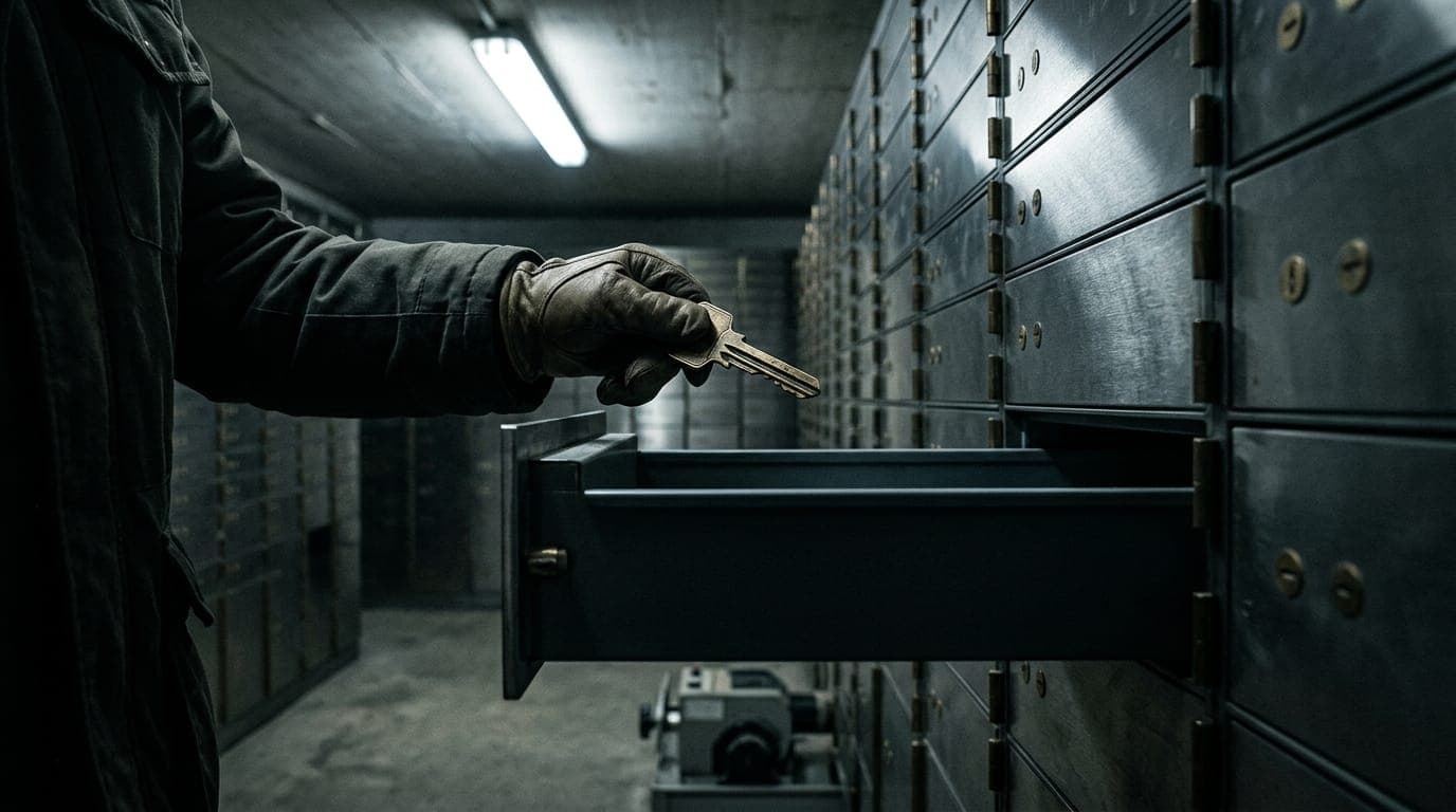 A gloved hand holds a single brass key above an open bank-grade steel safe deposit box drawer in a dimly lit vault, the cold fluorescent strip light overhead catching the key's teeth in