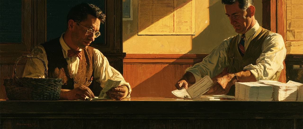 A worker studies his savings at a bank counter while a banker handles bond certificates.