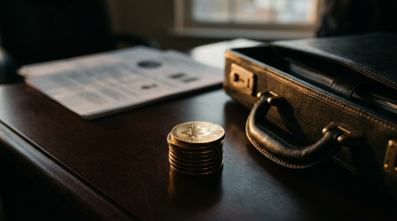 A stack of gold Bitcoin coins catches warm afternoon light on a dark mahogany desk beside a blurred financial disclosure document and an open leather briefcase.