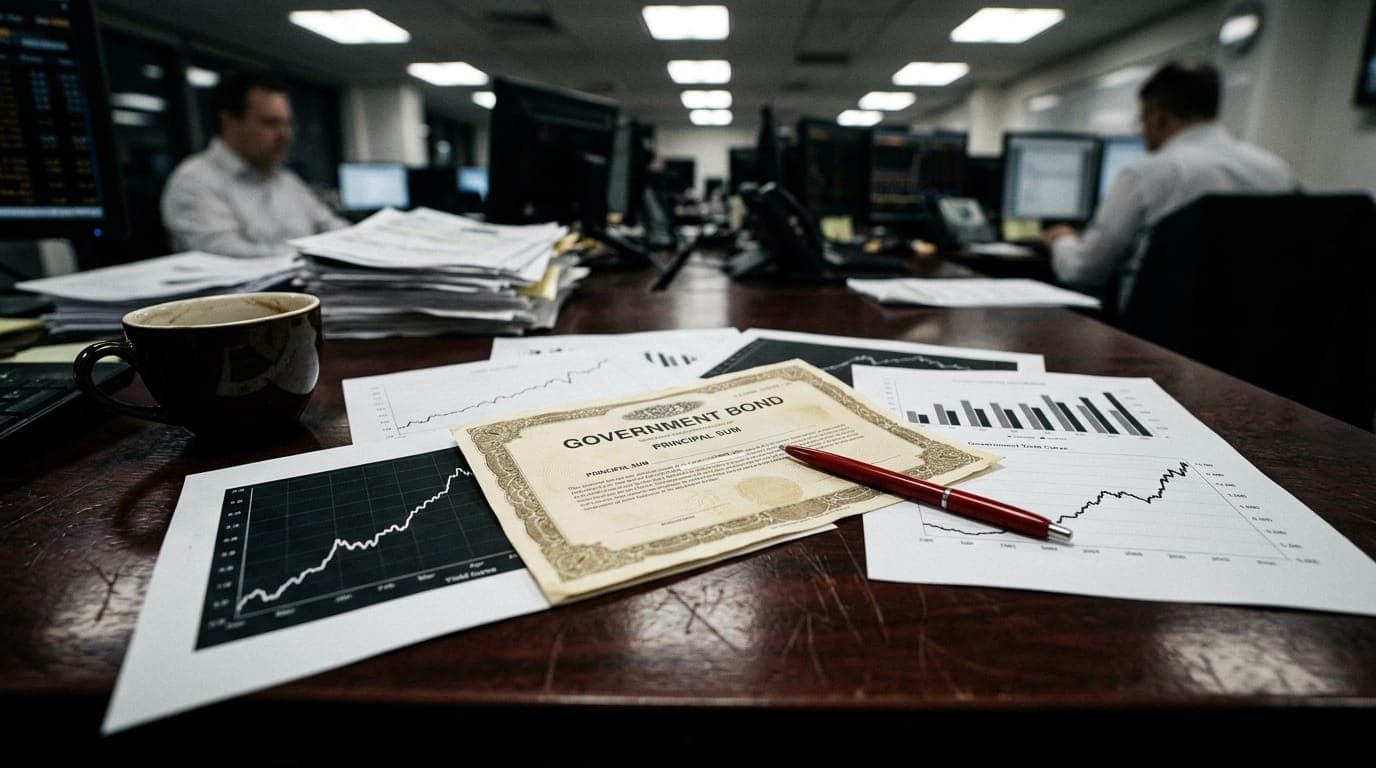 A lone government bond certificate printed on aged cream paper lies on a worn mahogany trading desk beneath harsh fluorescent office light, surrounded by scattered printout graphs with