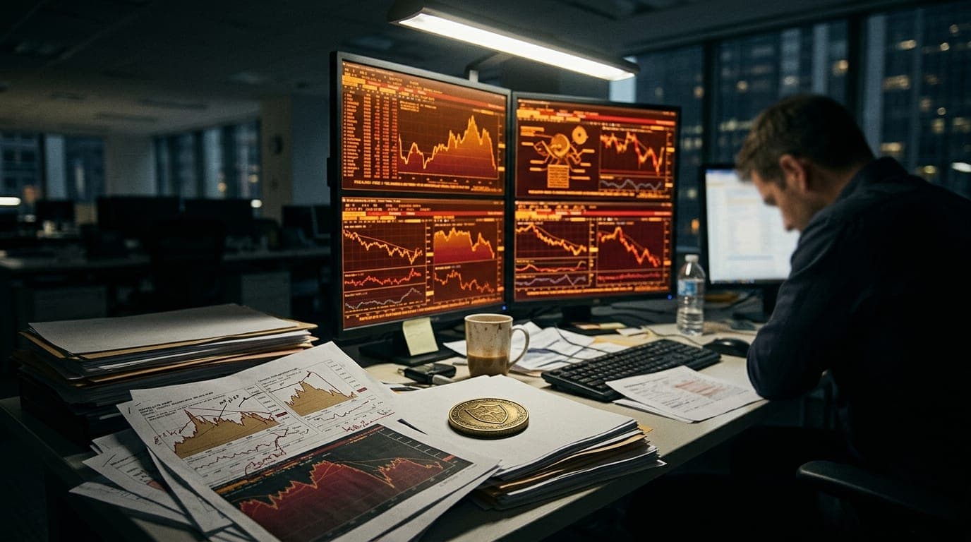 A trader's multiple monitors glow amber and red in a dim office, illuminating stacks of printed bond yield charts spread across a cluttered desk beside a cold cup of coffee, while a single