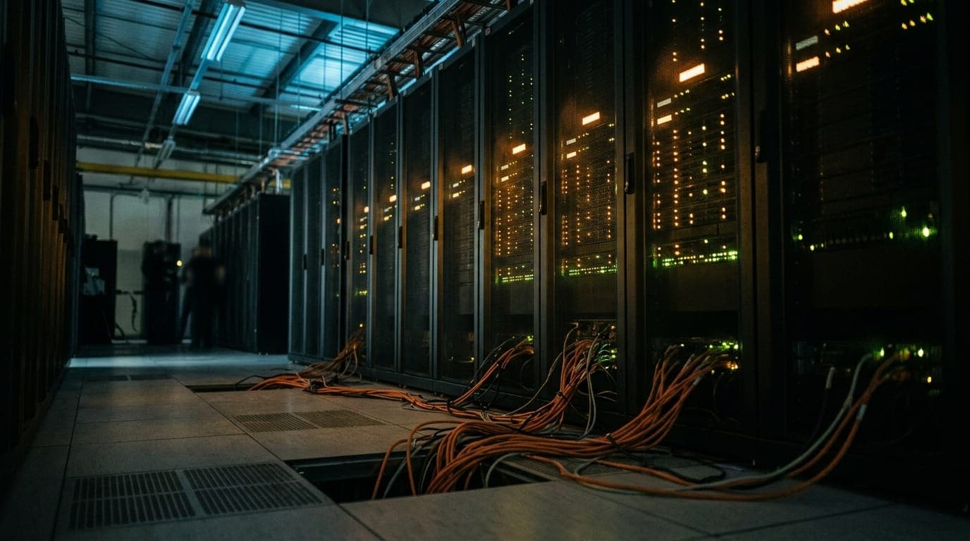 A row of humming server racks inside a dimly lit data center glows with blinking amber and green indicator lights, their black metal chassis stretching to the ceiling while thick orange