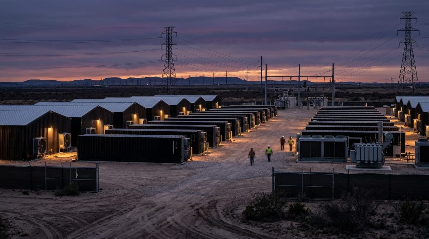 A vast industrial Bitcoin mining facility stretches across a flat Texas plain at dusk, rows of black shipping-container units humming under amber floodlights while high-voltage transmission