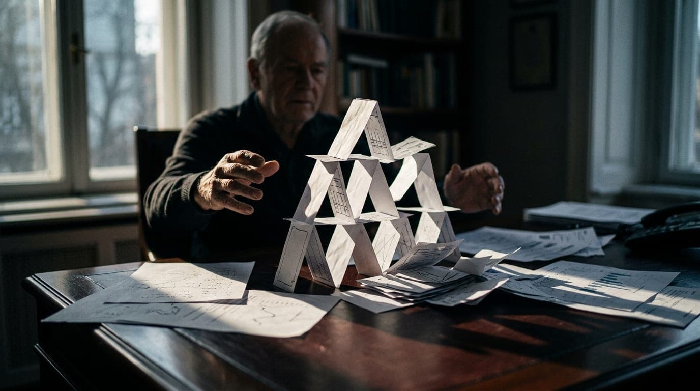 A crumpled paper house of cards collapses mid-fall onto a polished mahogany desk scattered with loose financial documents, captured in harsh late-afternoon window light that casts long
