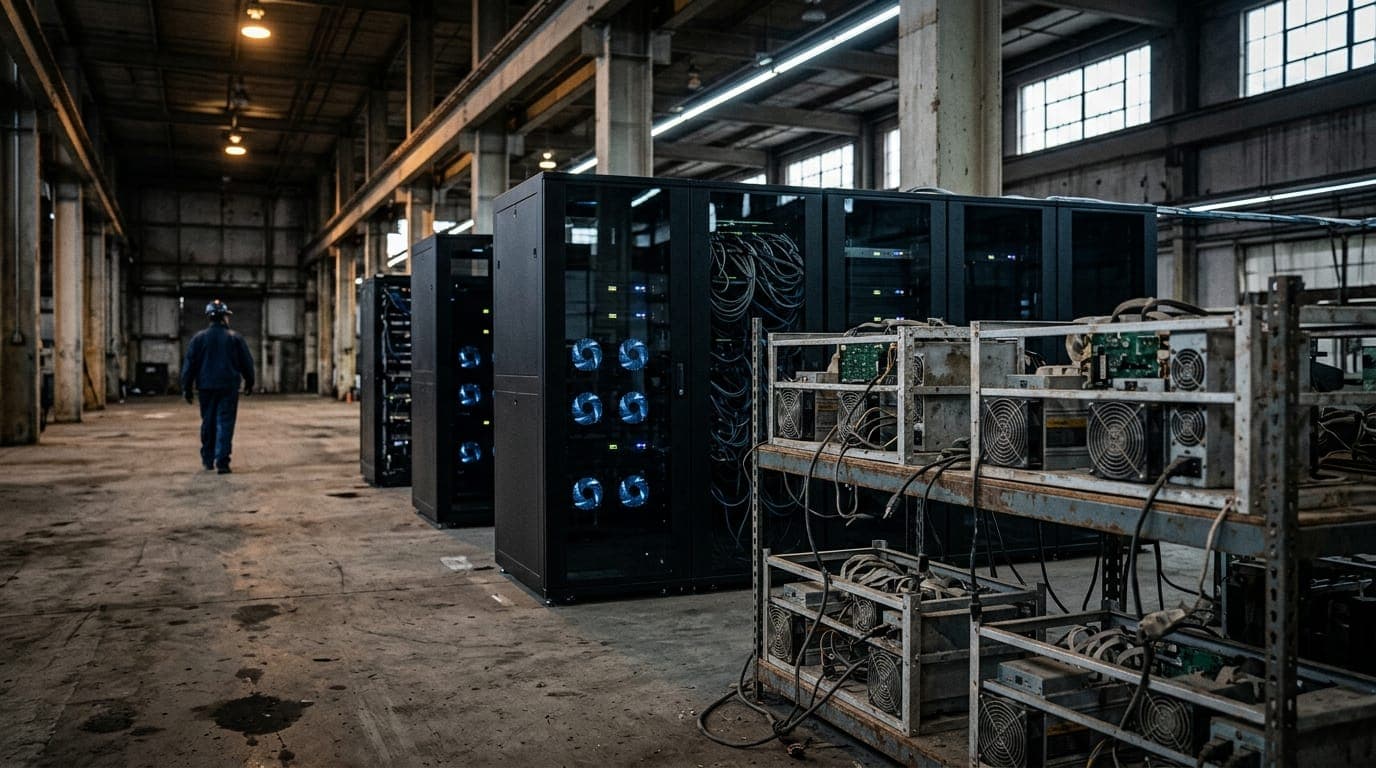 A vast industrial warehouse interior in Spartanburg, South Carolina, shot with a wide-angle lens under harsh sodium vapor lighting, where rows of sleek black AI server racks stand freshly
