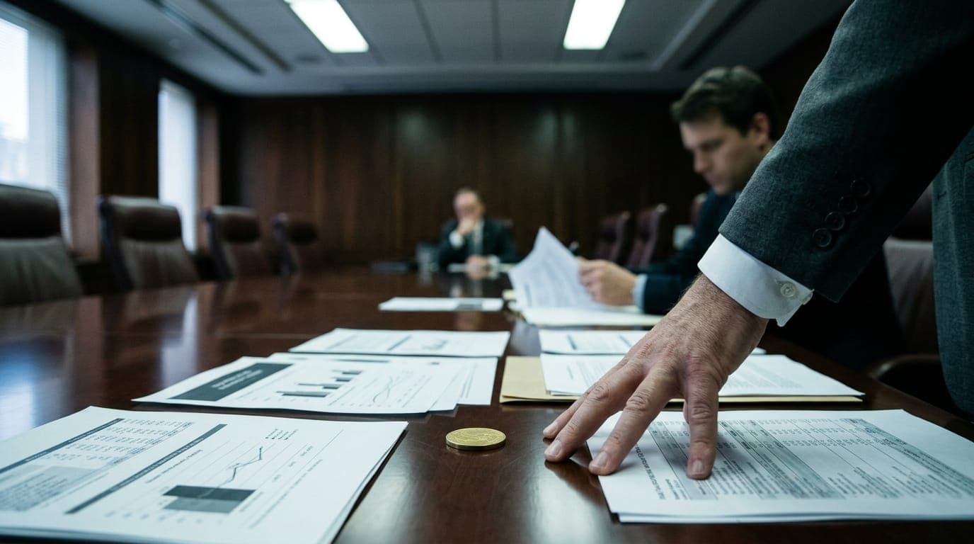 A stern gray-suited official's hand rests firmly on a polished mahogany conference table strewn with printed spreadsheets and a single gold coin, bathed in the cold fluorescent light of a