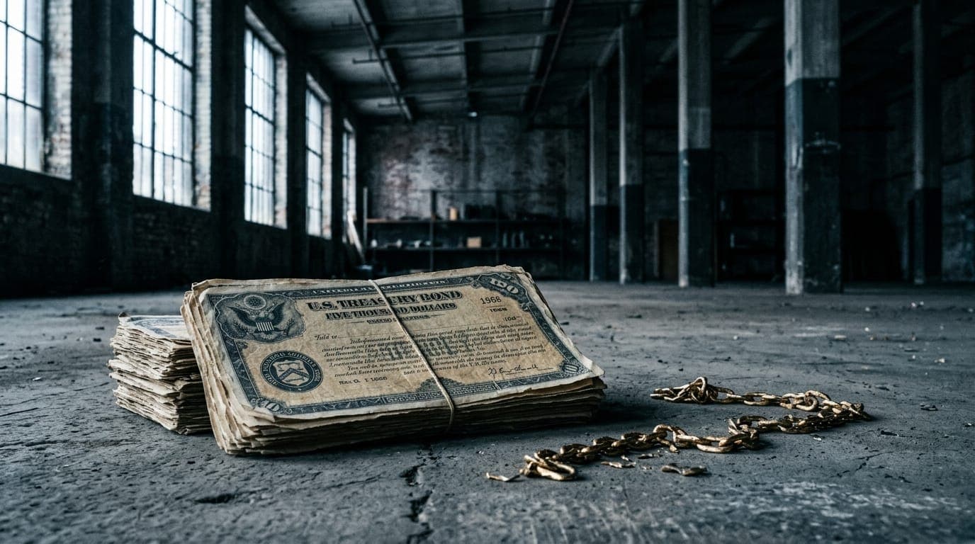 A tattered golden chain lies broken on a weathered concrete floor beside a stack of U.S. Treasury bond certificates, lit by cold morning light streaming through industrial warehouse windows.