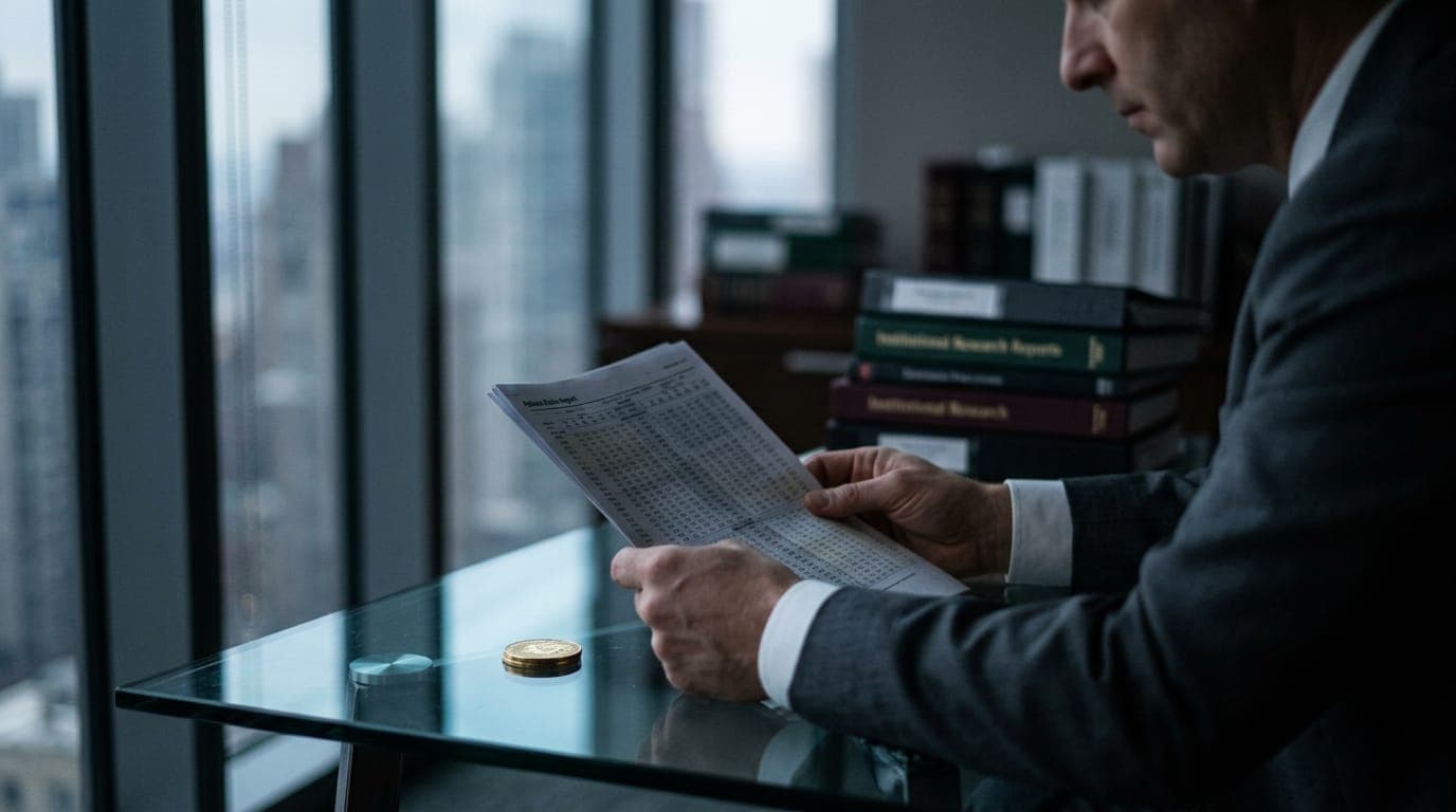 A suited trader's hands grip a printed options chain report on a glass desk, stacks of institutional research binders blurred in the background, as cool blue morning light from