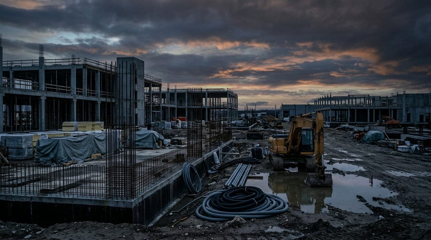 A vast concrete data center construction site sits half-abandoned at dusk, steel rebar skeletons rising from unfinished foundations under a bruised orange sky, a single yellow excavator