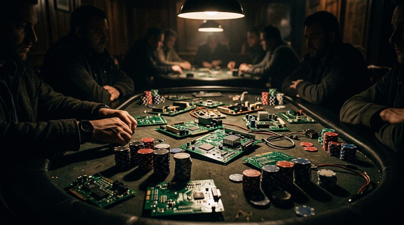A close-up of a poker table scattered with glossy green circuit boards instead of playing cards, stacks of casino chips casting long shadows under a single overhead spotlight in a dimly lit