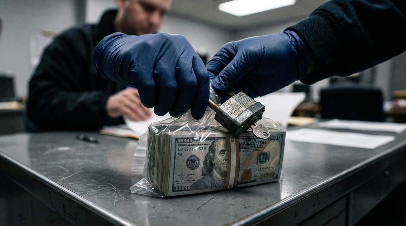 A gloved hand holds a thick steel padlock closed over a bundle of cash sealed in a clear plastic evidence bag, photographed under harsh fluorescent light on a gray government-issue metal