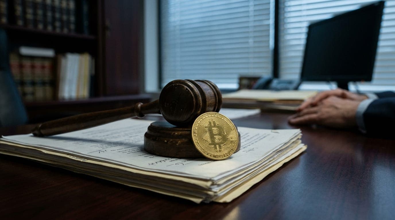 A weathered wooden gavel rests on a stack of legal documents beside a gleaming gold-toned bitcoin coin on a polished mahogany desk, bathed in cool blue-gray office light filtering through