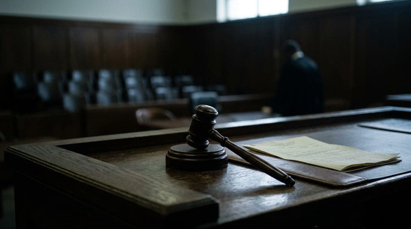 A wooden judge's gavel rests on a polished mahogany bench beside a neatly folded document, shot in cool fluorescent courtroom light with a shallow depth of field that blurs the empty jury
