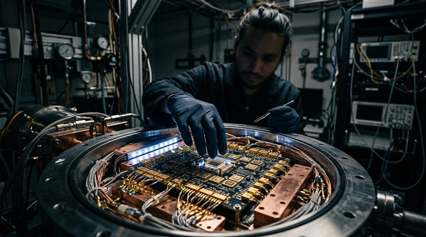 A quantum computing researcher's gloved hand hovers over a dense circuit board bristling with gold-plated connectors inside a cryogenic cooling chamber, the blue-white glow of LED