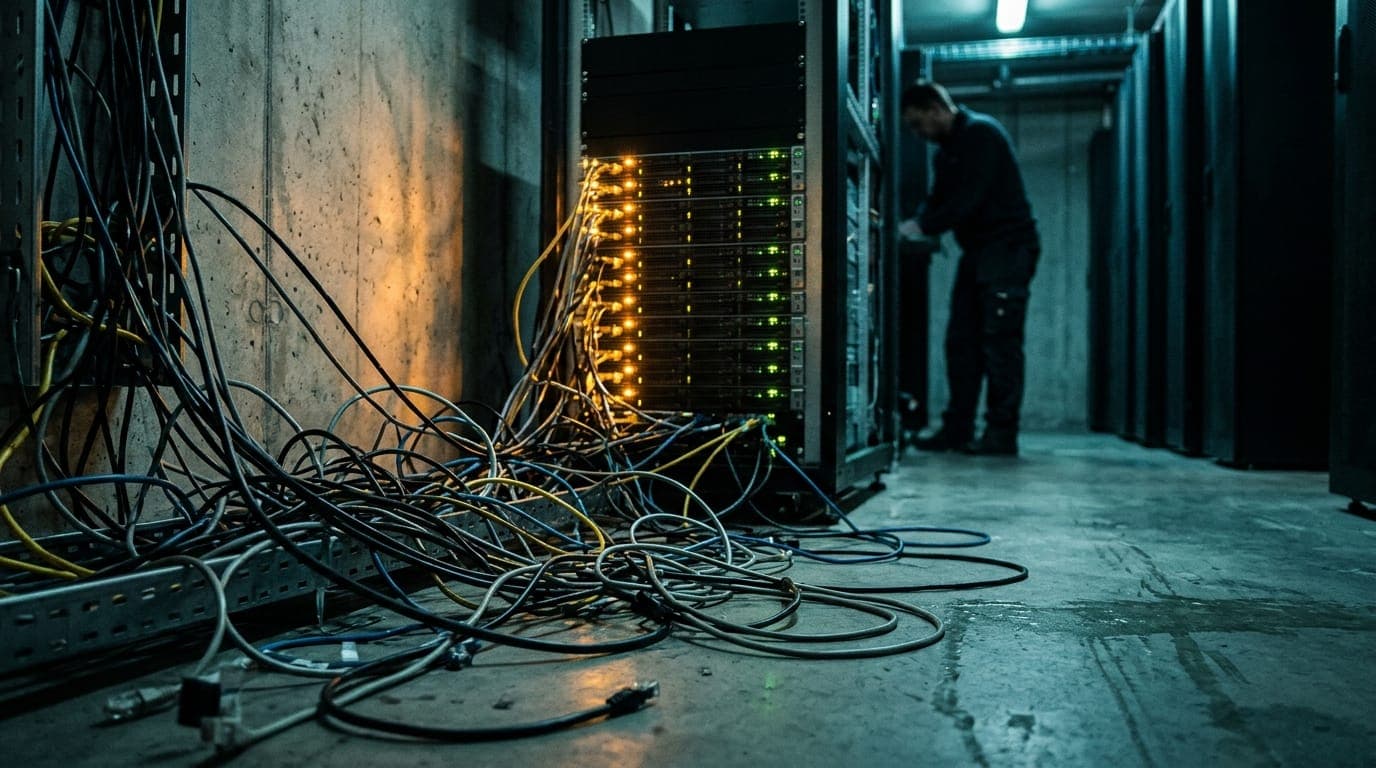 A tangle of ethernet cables snaking across a cluttered server room floor bathed in cold blue fluorescent light, with a single rack of blinking servers casting amber indicator lights onto the