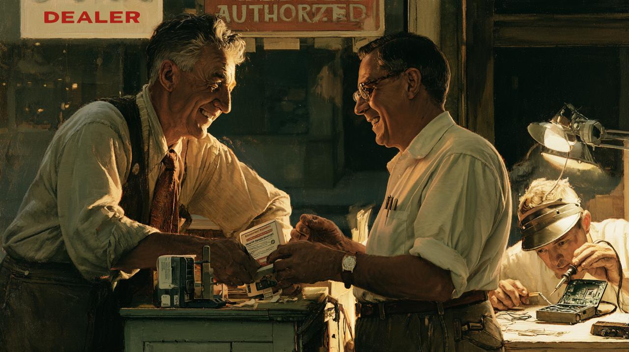 A painted 1950s electronics shop where a smiling dealer hands a boxed device to a customer while a technician solders inside an open device in back.