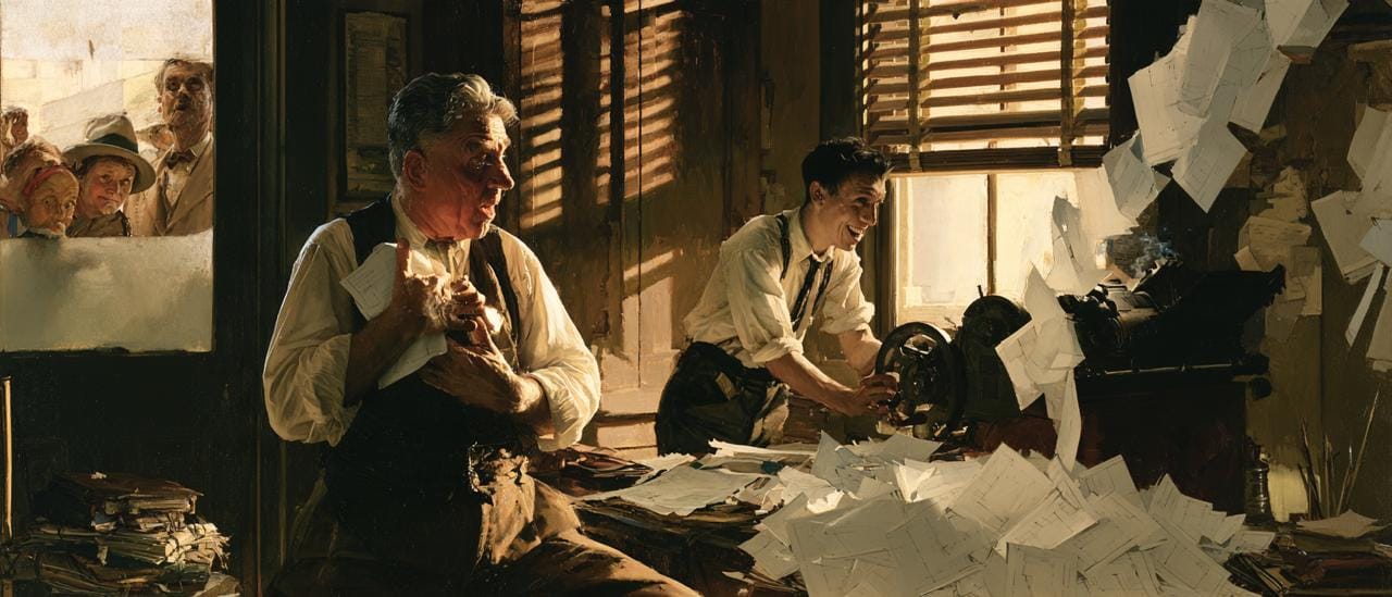 Norman Rockwell style painting of a startled print shop owner clutching one sheet while a grinning young clerk cranks a machine flooding the room with copies.